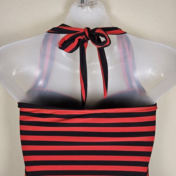 Pin-Up Halter Swimsuit Women One Piece High Back Stripe Full Coverage Nautical L - Picture 9 of 15